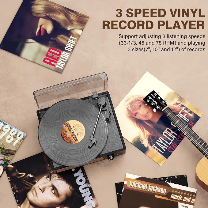 Record Player for Vinyl with 2 Build-in Speakers LP Vinyl Players Belt-Driven Vintage Turntables 3 Speed 3 Size, Wireless Bluetooth Playback, AUX-in, RCA Out, Headphone, Auto Stop