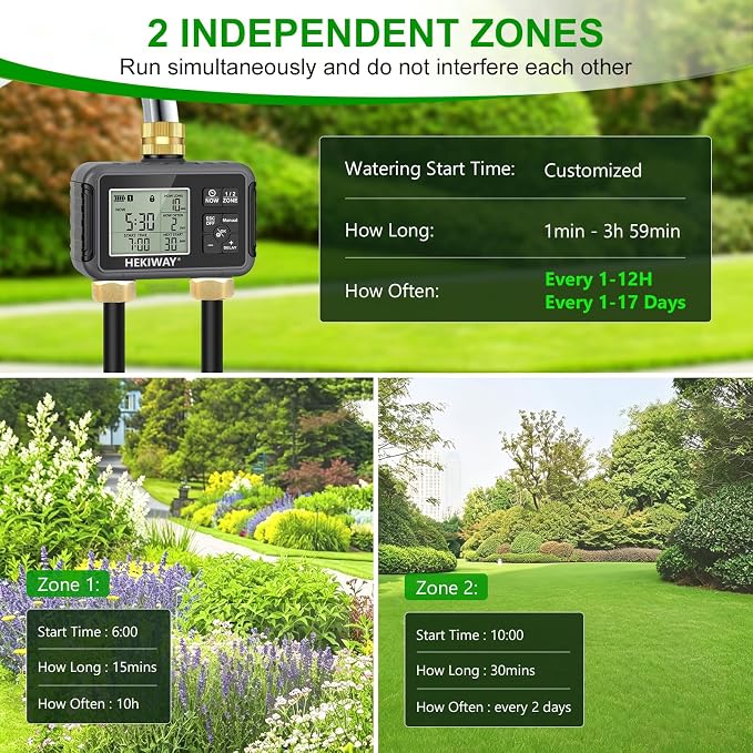 Dual Outlet Water Timer for Garden Hose with 2 Brass Connectors, Programmable Irrigation Controller with Rain Delay & Child Lock for Lawn, Yard, Drip Irrigation, Greenhouse