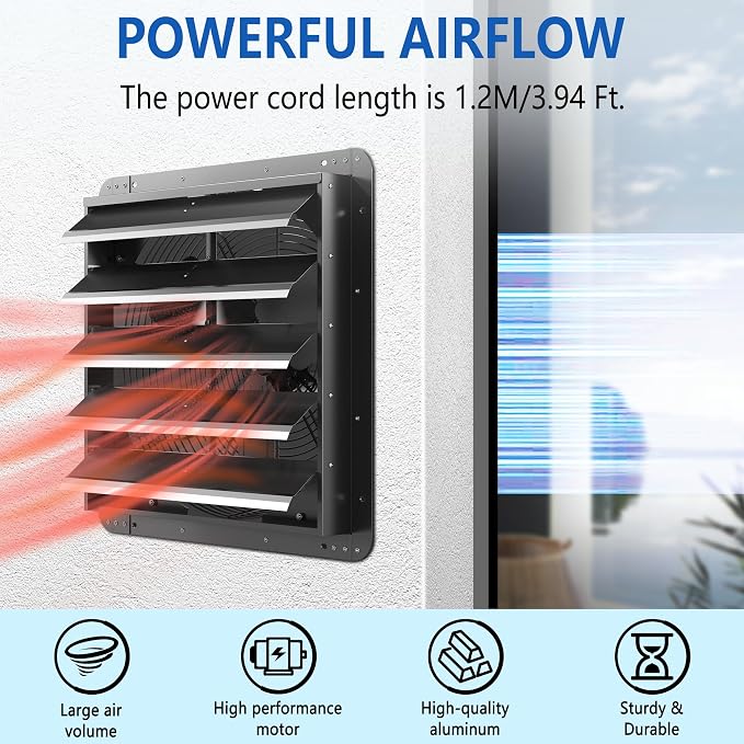 20 Inch Shutter Exhaust Fan, Aluminum Wall Mounted Exhaust Fan with Power Cord,4000 CFM High Speed Automatic Louvered Vent Fan for Greenhouse, Factory,Shop,Garage, ETL Listed