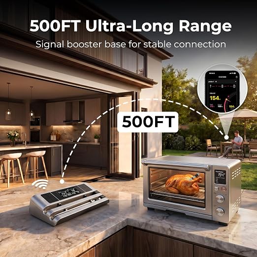 Wireless Smart Meat Thermometer, Dual-Sensor Probe, 500FT Remote, Dedicated App, Real-Time Temp for Oven/Grill - Rechargeable, Precise for Steak