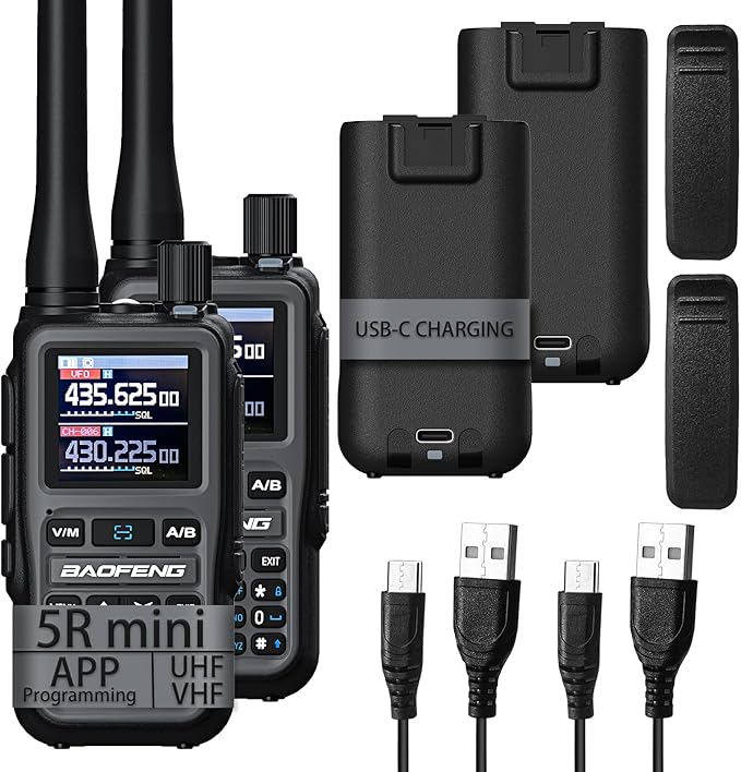 BAOFENG uv-5r mini Ham Radio,uv5r mini Handheld App Programming Walkie Talkies with 5W Power,Copy Frequency,999 Channels,USB-C Charging (Grey-2PACK)