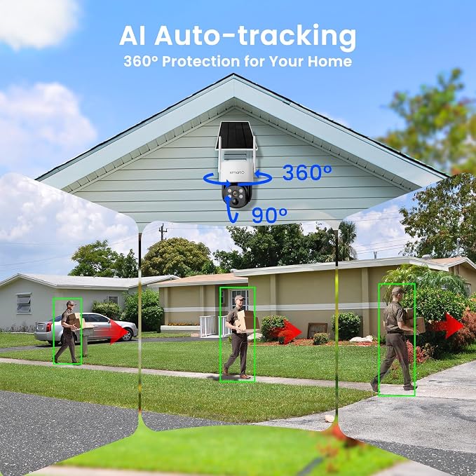 xmartO Solar Security Cameras Wireless Outdoor, Wire-Free PTZ 4MP 2K AI Tracking Camera, 5G Dual Band WiFi6, All-Weather Continuous Solar Charging, Floodlights, SD/NVR/Cloud, No Monthly Fees