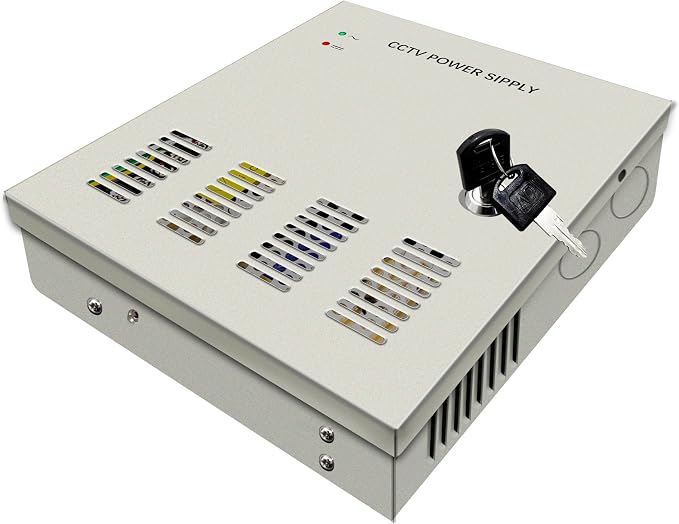 9 Channel 12 Volt DC Output 5A CCTV Distributed Power Supply Box for Security Camera with AC Plug and Lock for Security Cameras, DVRs, CCTV Power Supply (5A 9-Channel)