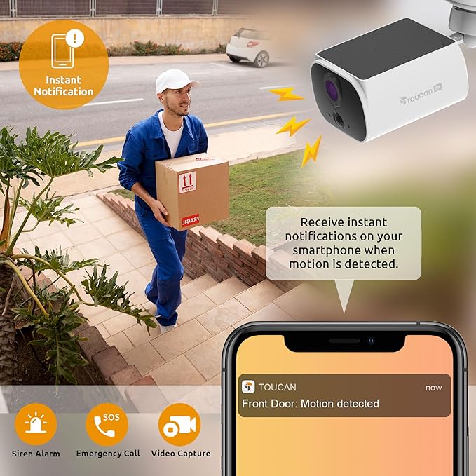TOUCAN Solar Wireless Security Camera S5 2K HD Video Outdoor Battery Camera with Solar Panel, Motion Detection, Wide Angle, Two-Way Audio, Night Vision, No Subscription Required (2 Cam Pack)