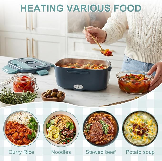 Herrfilk Electric Lunch Box Food Heater, 3 in 1 Ultra Quick Heated Lunch Boxes for Adults, 12V/24V/110V Portable Food Warmer for Car/Truck/Office With Fork Spoon and Insulated Carry Bag