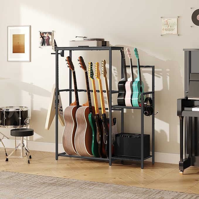 MAHANCRIS Guitar Stand, Multi-Guitar Rack, for Acoustic, Electric Guitar, Bass, Ukulele, Banjo, for 7 Guitars, Guitar AMP Stand, Record Rack, with Guitar Accessory Holder, EVA Cover, for Home Studio, Black GSHB8701