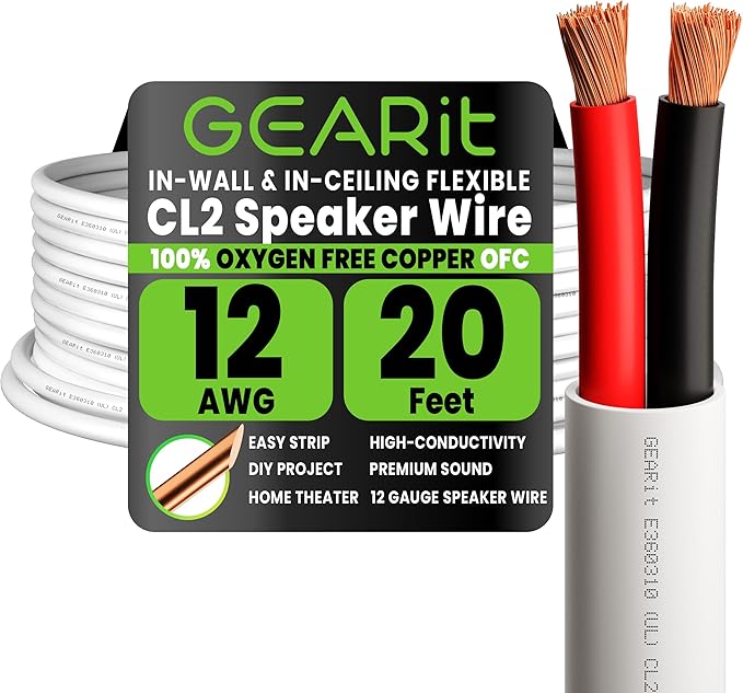 GEARit 12 Gauge OFC Speaker Wire 20FT, UL CL2 Rated Speaker Cable, 12 AWG Wire with Polarity Mark, 2-Conductor Copper Audio Cable for in-Wall Home Theater Surround Sound, Car Audio Stereo(White)