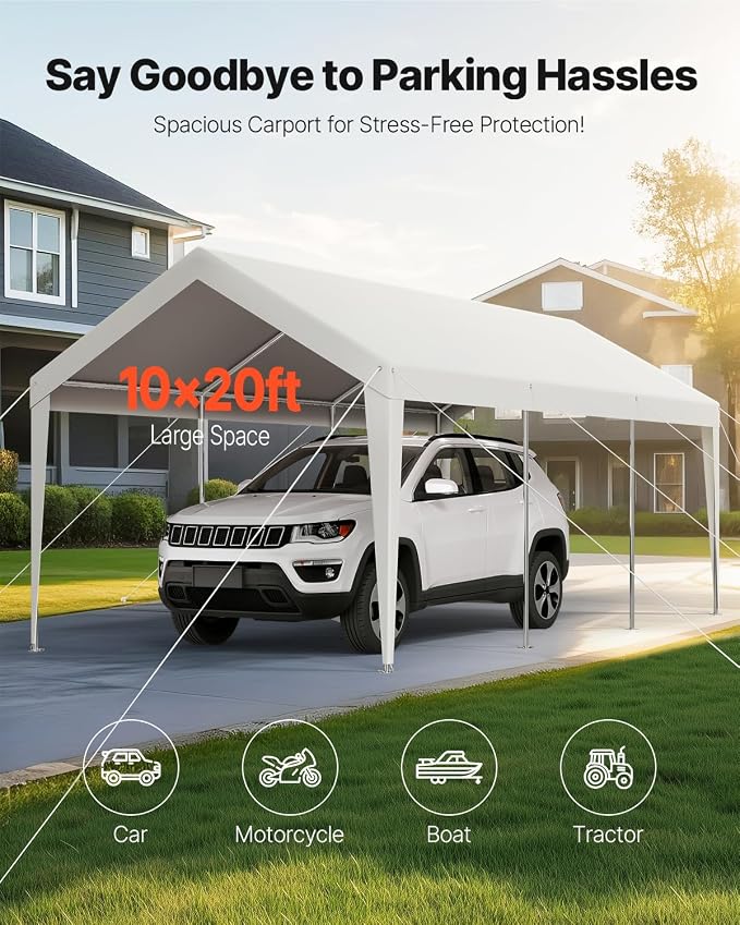 VEVOR Carport, 10 x 20 FT Outdoor Car Canopy, Potable Carport, Heavy Duty Galvanized Cars Shelter, UV-Resistant & Water-Resistant, All-Season Protection, Storage Shed for Car Boat Motorcycle White