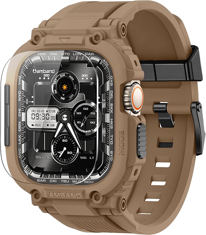 amBand for Apple Watch Ultra 3/2/1 Screen Protector, M1 Sport Series Tough Case Fits iPhone Ultra Watch Bands 49mm, Outdoor Activities Essential Full Body Protection for Hiking Cycling - Desert Tan