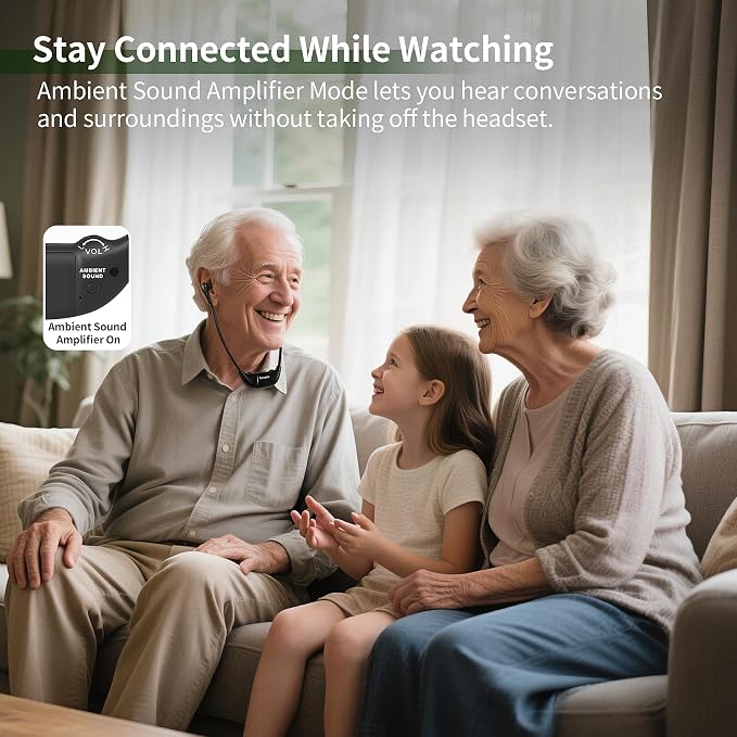 Conqier Dual Wireless Headphones for TV Watching for Seniors, 2 Headsets & 2.4GHz Transmitter, 164FT Range No Delay, Voice Enhancer & Ambient Sound, L/R Balance, Personal Volume, Hear Your TV Better