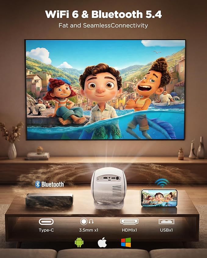 [ Ultra Short Throw & Built-in Apps ] Android 14 Smart Projector with WiFi and Bluetooth, 1080P FHD HDR10, Auto Focus/Keystone, Mini Portable Projector Support Power Bank for Bedroom/Outdoor, White