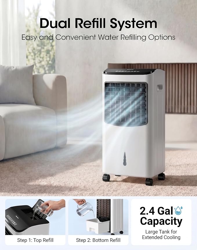Tehanld Portable Evaporative Air Cooler, 2.4 Gal Swamp Cooler with 4 Ice Packs, 1620 CFM Windowless Room Cooling Fan with 120° Oscillation, 3 Speeds, 16H Timer & Remote for Home, Bedroom