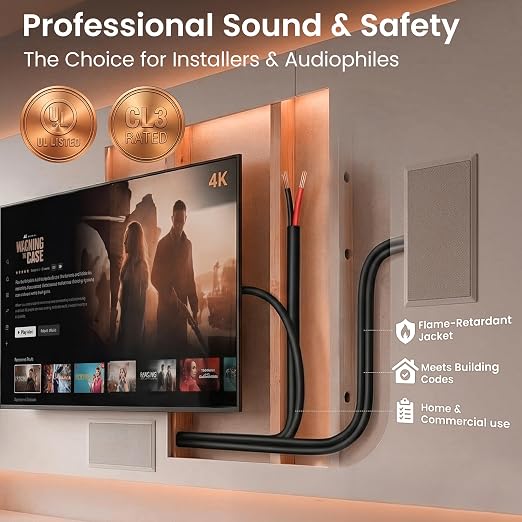 GEARit Speaker Wire 14 Gauge Copper Wire 20 ft,UL CL3 Rated 14 Gauge Wire OFC with Polarity Mark,Audio Cable for In-Wall,Home,Car,Outdoor,Garden,Commercial Audio Systems,OFC(Black,2-Conductors)