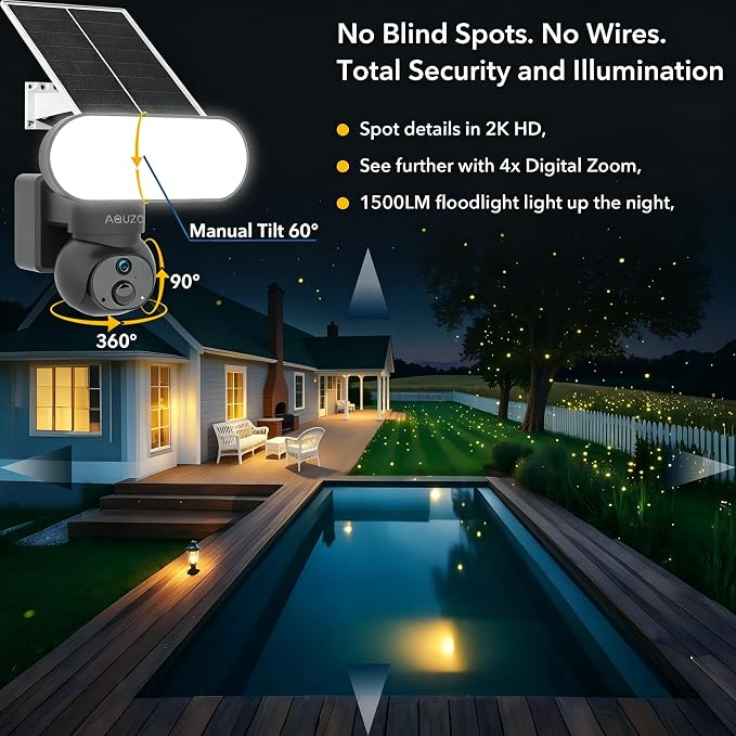 Floodlight Camera Solar Wireless, 360° PTZ Outdoor Security | 1500LM Light, Color Night Vision, 64GB SD, 2.4G WiFi, Solar/Battery, AI Human Detection, 2-Way Audio, Siren Alarm, IP65