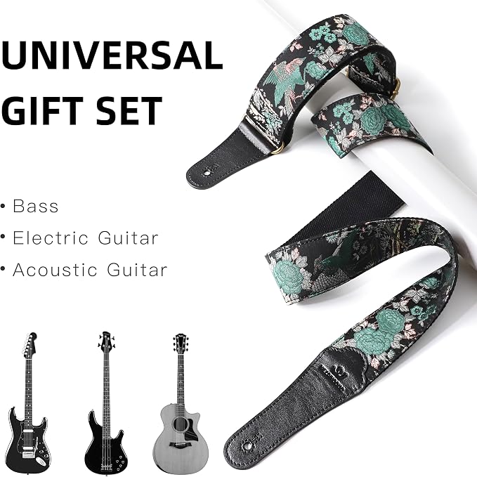 Guitar Strap, Electric& Acoustic Bass Guitar Straps,Embroidered Filament with Head Cowhide Leather Strap, with Free Strap Button,2 Guitar Strap Locks，4Guitar Pick (Birds and Flowers)