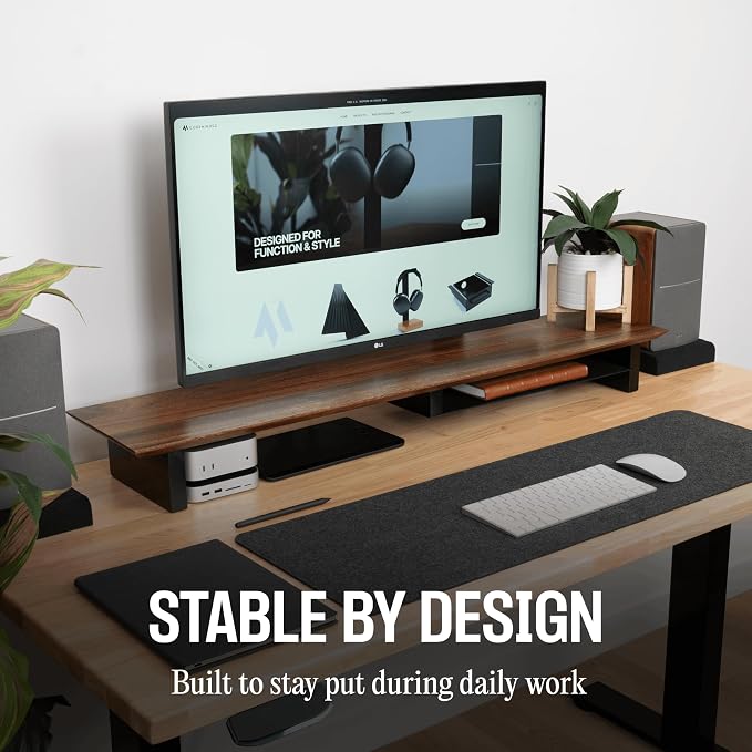 COREMINDED Solid Wood Dual Monitor Stand Riser – 42" Walnut Desk Shelf for 2 Monitors with Tray & Wool Felt, Organizer for Desktop, Laptop and Office (Walnut)