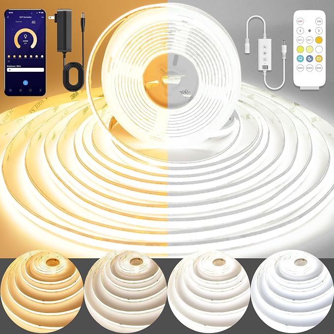 Pandery COB LED Strip Light,CCT Dimmable Strips Light,2700K-6500K,6.56ft/2m,8mm Wide,CRI90+ 24V LED Strips Kit with Bluetooth APP Control/Music Mode,for Bedroom,Kitchen,DIY Lighting