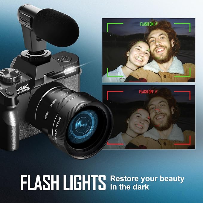 4K Digital Cameras for Photography 48MP Video Vlogging Camera for YouTube with 3" 180° Flip Screen WiFi, 16X Digital Zoom Cameras with 32GB TF Card Wide-Angle & Macro Lens (Light Black)