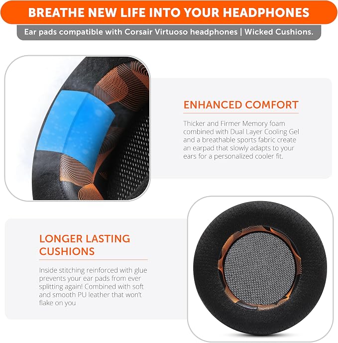 WC Freeze Virtuoso - Hybrid Fabric Cooling Gel Replacement Earpads for Corsair Virtuoso Gaming Headset, Made by Wicked Cushions, Improved Durability, Thickness and Sound Isolation | Kinetic Wave