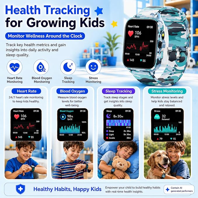 Smart Watch for Kids Boys Age 5-12, Ai Functions Games HD Touch Screen Watches with Video Camera Music Player Pedometer Heart Rate Sleep Tracker Christmas Birthday Gifts for Boys (Camouflage, 1.85")