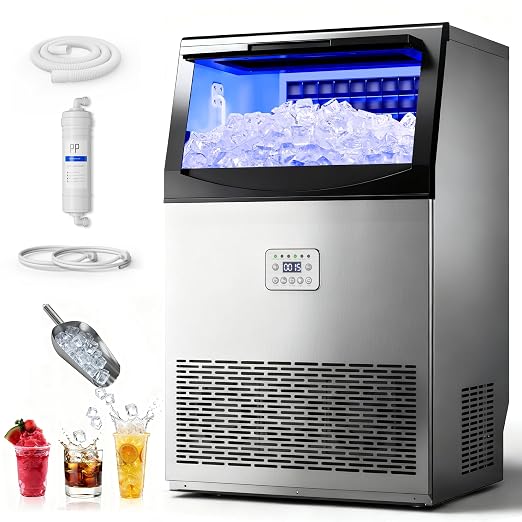 Manastin Commercial Ice Maker, 100lbs/24H Large Ice Machine with 33lbs Storage Capacity, Under Counter Ice Maker with Water Filter, for Home & Bar, Self-Cleaning, Timer, 50 Ice Cubes/15 Mins