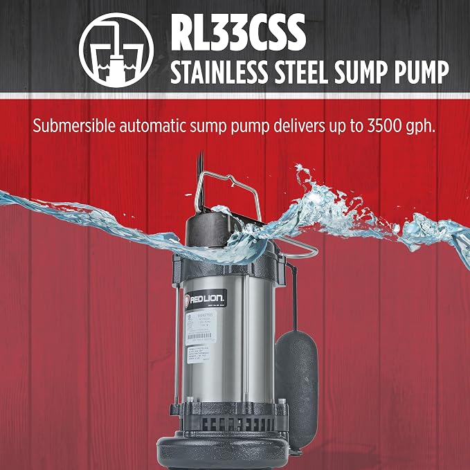 Red Lion RL33CSS 115-Volt, 1/3 HP, 3500 GPH Submersible Stainless Steel Sump Pump with Snap-Action Switch and 10-Foot Power Cord, Steel, 14942793