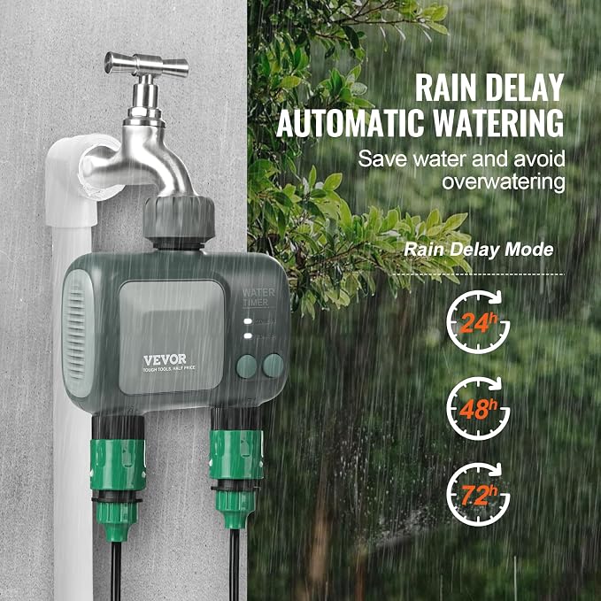 VEVOR Sprinkler Timer WiFi Water Timer, 2 Outlets, Smart Hose Faucet Water Timer with Brass Inlet, APP Remote Control via 2.4Ghz WiFi or Bluetooth, Voice Control, IPX6 for Garden, Yard Watering