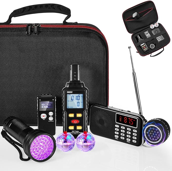 Dunzy 8 Pcs Ghost Hunting Equipment Kit, Include 1 Emf Meter 1 EVP Voice Recorders 1 Spirit Ghost Hunting Research Case 1 Flashlight 1 Speaker 2 Motion Light up Cat Balls 1 Radio(Emf Meter 3, Radio 1)