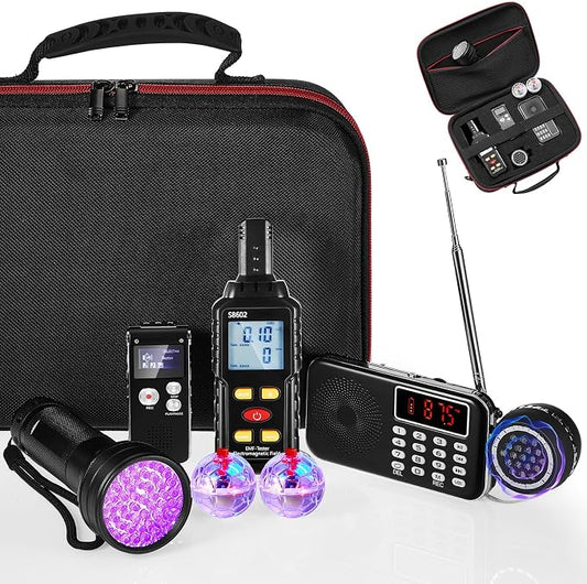 Dunzy 8 Pcs Ghost Hunting Equipment Kit, Include 1 Emf Meter 1 EVP Voice Recorders 1 Spirit Ghost Hunting Research Case 1 Flashlight 1 Speaker 2 Motion Light up Cat Balls 1 Radio(Emf Meter 3, Radio 1)