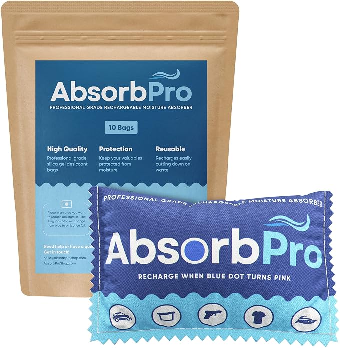 Absorb Pro Rechargeable Dehumidifier Bag 10-Pack - 100g Reusable Moisture Absorbers - Silica Gel Packets for Bins, Totes, Gun Safe, Food Storage, Clothes, Cars, and Boats