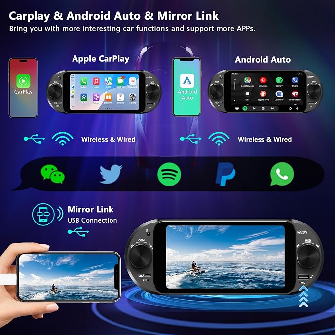 6" Single Din Touchscreen Car Stereo with Wireless Apple CarPlay & Android Auto,Dual Knobs,Bluetooth 5.2, FM/AM,EQ, USB,Type-C Fast Charging,8-LED Night Vision Backup Camera,Carplay Screen for Car