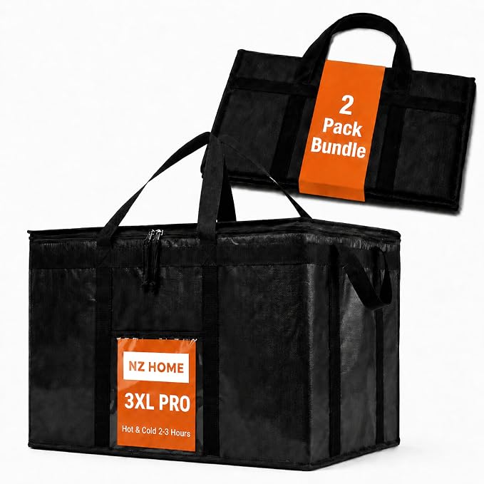 NZ home Insulated Bags for Food Delivery (3XL PRO) Grocery Shopping Cooler Bag, Pizza Delivery, Hot & Cold Catering Tote, Reusable, Foldable & Heavy Duty (2 Pack, Black)