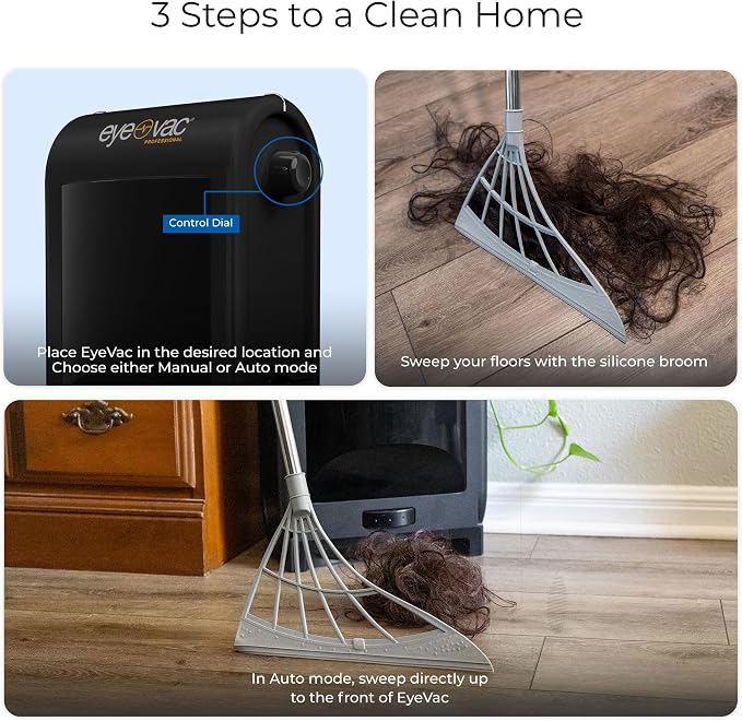 EyeVac Pro & Squeegee Broom Bundle - Touchless Vacuum Automatic Dustpan - Squeegee Multisurface Sweeping - Great for Salon Pet Hair Dirt, Corded Canister Vacuum, Bagless, 1400 Watt (Black w/Broom)