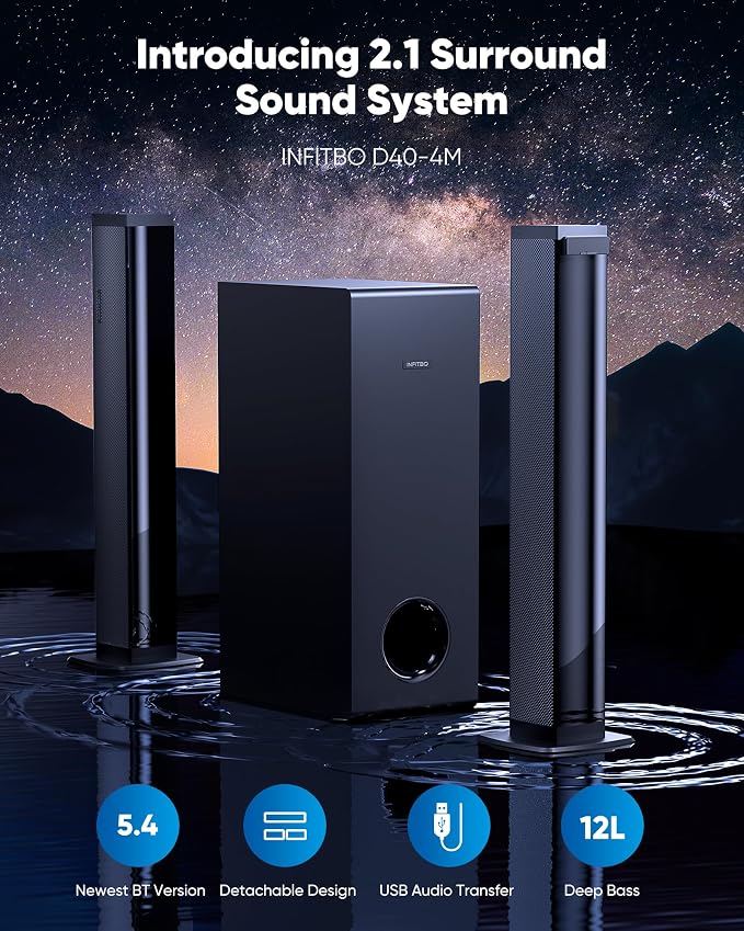 INFITBO Sound Bar for Smart TV 2.1CH 190W Peak Power Soundbar with Subwoofer Detachable 2-in-1 BT 5.4 Surround Sound System 12L Deep Bass for PC Game with HD-ARC/Opt/USB/AUX Home Theater