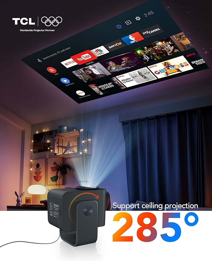 TCL C1 Smart Projector 4K Support, Compatible with Google TV, WiFi and Bluetooth, Auto Focus/Keystone, 1080P HDR10, Dolby Audio, 285° Rotation Mini LCD Projector for Bedroom/Home Theater/Outdoor,Black