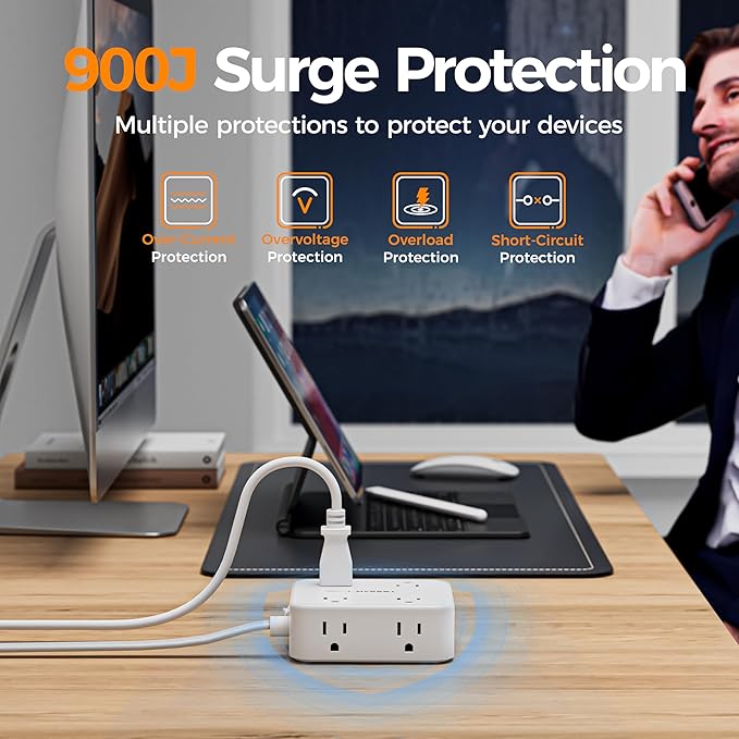 TESSAN Surge Protector Power Strip, 10 Ft Flat Plug Extension Cord with 3 USB (1 USB C) 8 Outlets, 1250W, 900J Protection, 3 Sided Outlet Extender with Power Switch for Office, Dorm Room, White