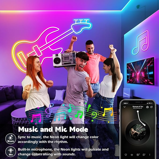 LETIANPAI 50Ft Neon Rope Lights,Flexible Led Rope Lights Control with App/Remote,Multiple Modes Music Sync Gaming RGB Led Neon Lights for Bedroom Outdoor