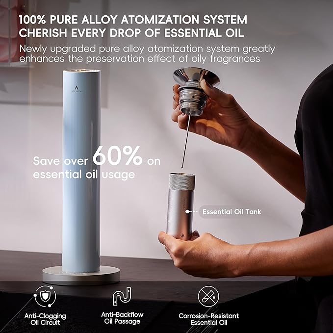 Waterless Scent Diffuser Starter Kit - Alloy Atomization System, Smart Rechargeable Hotel Scent Diffuser, 1500 Sq Ft Coverage, Including 6×15ml Essential Oils, for Home, Large Room, Spa, Pastel Blue