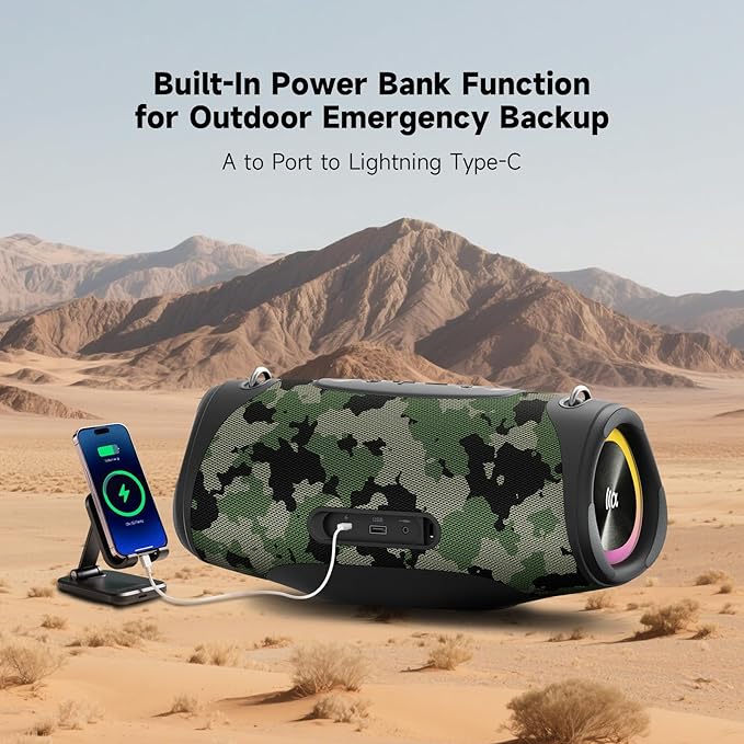 TAZATA Portable Bluetooth Speaker 80W RMS,120W Peak Loud Subwoofer Wireless Stereo with HD Sound,8H Playtime IPX7 Waterproof for Party cmaping Beach (CAMO-80W RMS/120W Peak)