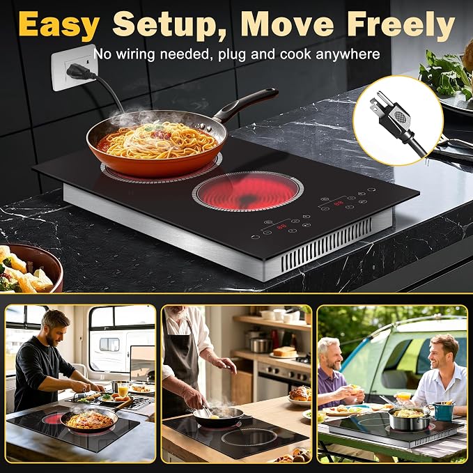 2 Burner Electric Cooktop, 12 Inch Electric Stove Top, 120V Double Burner Countertop Stove 2000W with Timer & 9-Level Adjustment, Sensor Touch Control, Child Lock, Built-in Radiant Cooktop Pladeca