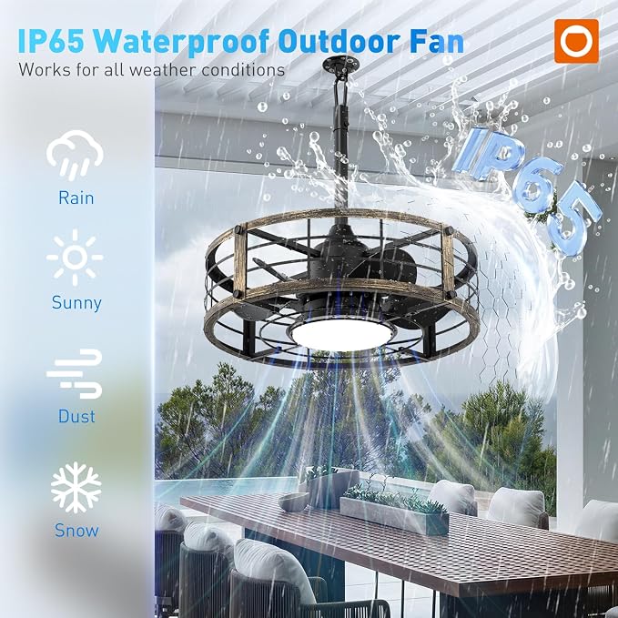 addlon 20 Inch Outdoor Ceiling Fans with Lights, IP65 Waterproof Plug in Caged Hanging Fan for Gazebo, Remote Control, 3 CCT, 6 Speeds Reversible Outdoor Fan for Patio, Pergola, Porch