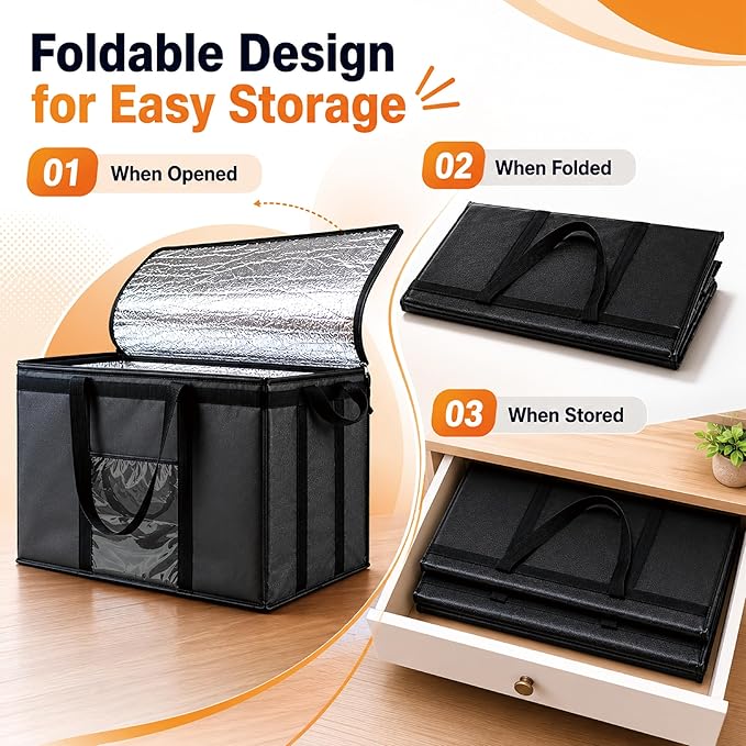 NZ home Insulated Bags for Food Delivery (2XL) Grocery Shopping Cooler Bag, Pizza Delivery, Hot & Cold Catering Tote, Reusable, Foldable & Heavy Duty (Gray)