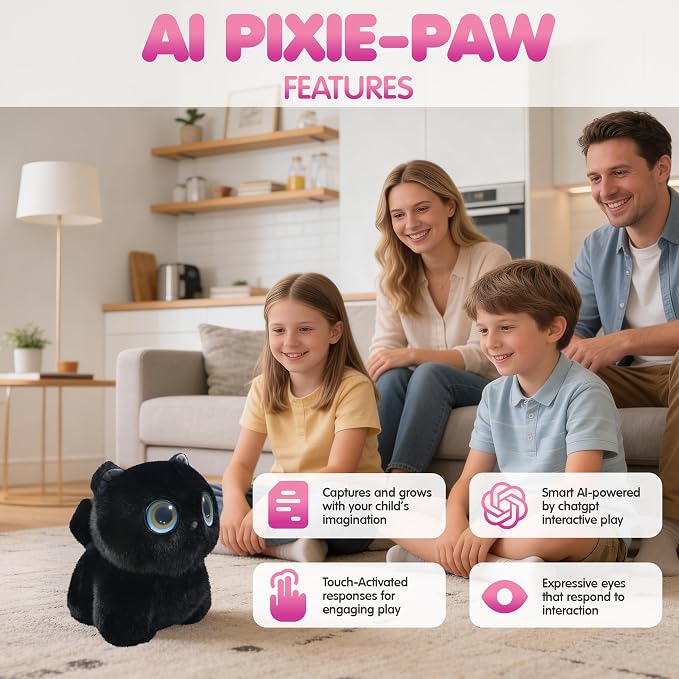 Contixo AI Pixie-Paw Smart Interactive Plush Cat – Voice-Responsive, Touch-Activated, Expressive Eyes, AI Companion Stuffed Animal for Kids & Pet Lovers, Black
