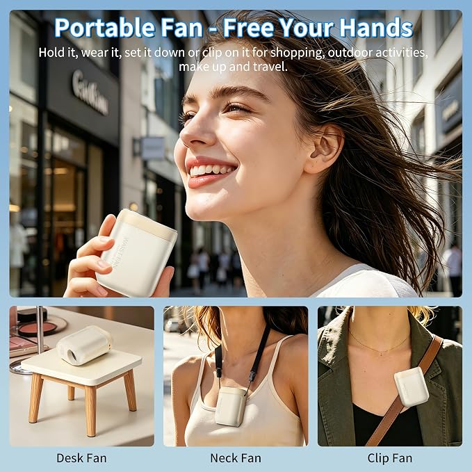 Portable Handheld Fan Rechargeable Hands-Free Hanging Neck Fan with Cold Compress LED Display 3000mAh 5 Speed 4 IN 1 Personal Fans for Hand, Neck, Desk, Clip, Outdoor, Travel, Beach, Makeup, Beige