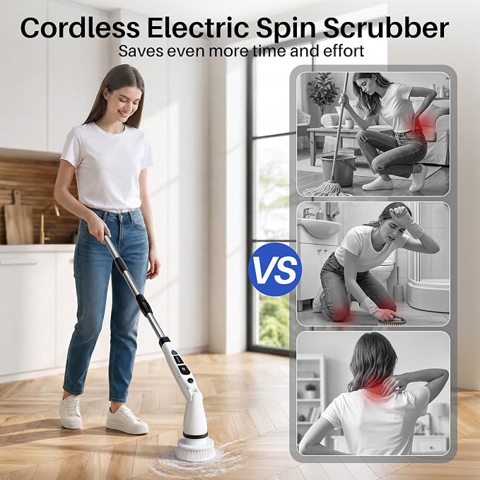 JOYMOOP Electric Spin Scrubber, Cordless Cleaning Brush 450 RPM with 100-Min Runtime, IPX7 Waterproof Power Scrubber with 8 Brush Heads, Adjustable Long Handle for Bathroom, Floor, Tile, Kitchen