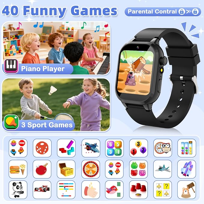 Smart Watch for Kids, Smart Watch Boys Toys with 40 Games Camera Video Recorder Music Alarm Learn Card Audiostory Flashlight Pedometer 2 Extra Bands Gift Toys for 3-12 Years Old Boys(Black)