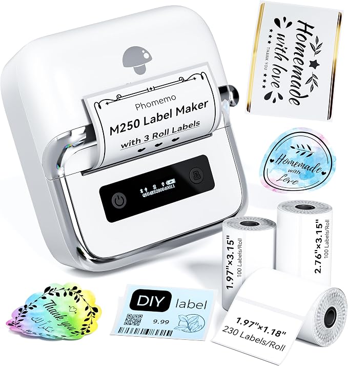 Phomemo M250 Label Maker Machine with 3 Roll Labels, 3 Inch Bluetooth Thermal Label Printer, Upgrade Portable Barcode & Address Label Maker for Business, Home, School, Logo Label, with 1.57'' x 1.18''