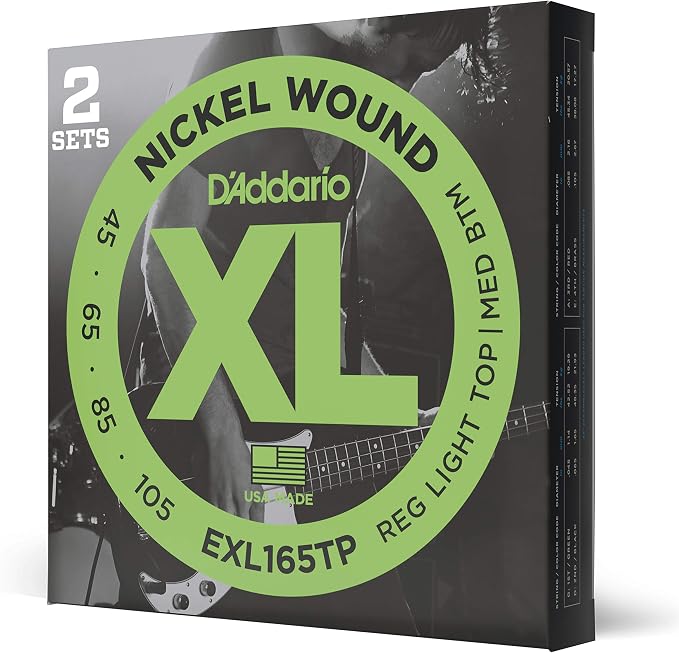 D'Addario Electric Bass Guitar Strings, XL Nickel, EXL165TP, Regular Light Top/Medium Bottom Gauge 45-105, Long Scale, 4-String Set, Pack of 2