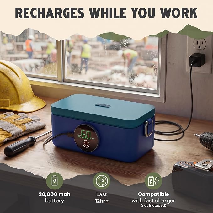 Oaktiv Lunch Box Warmer, Electric Heated Lunch Box for Adults, 4-Cup Cordless Portable Food Warmer with Scheduled Timer, Rechargeable with Insulated Bag