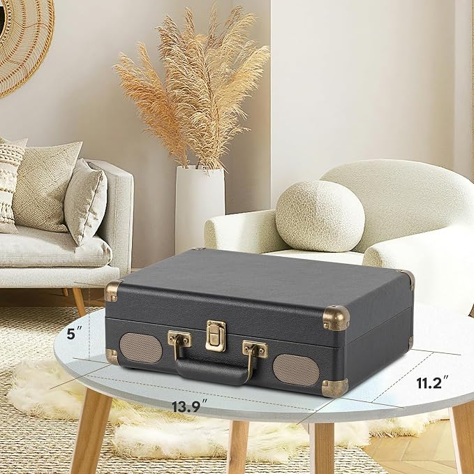 Vinyl Record Player 3-Speed Bluetooth Portable Turntable with USB Playback, Rechargeable Battery, Retro Suitcase Design, Aux in/RCA Line Out & Headphone Jack